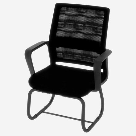 Black office chair with mesh back on a white background