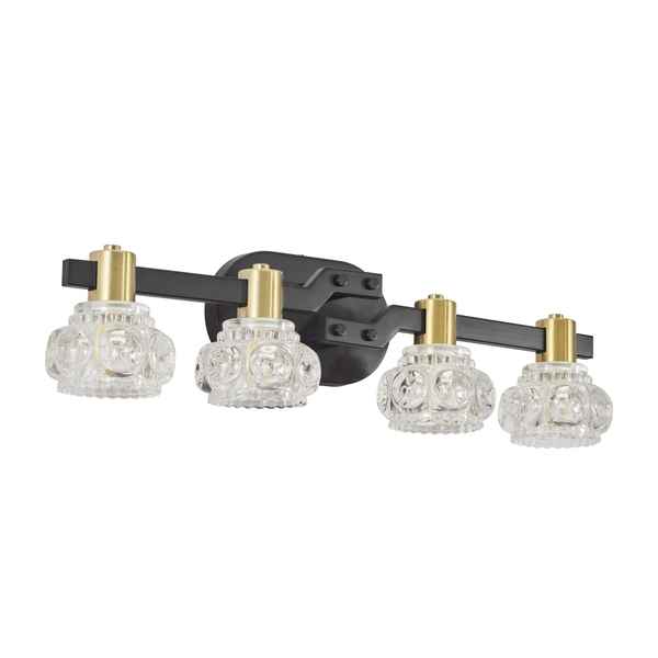 Four-light wall sconce with crystal shades and gold accents on a white background