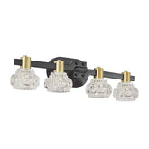 Four-light wall sconce with crystal shades and gold accents on a white background