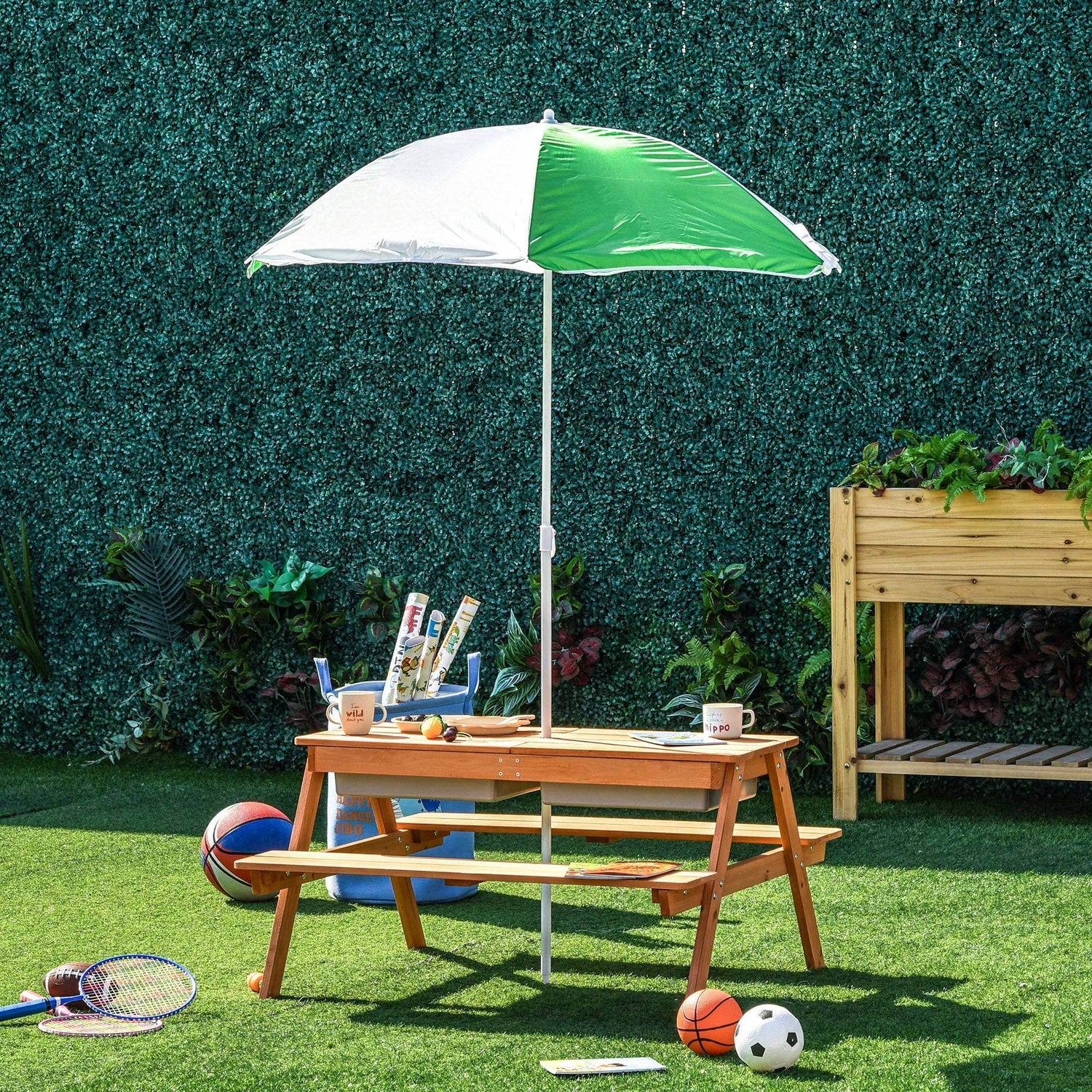 Outsunny Kids Picnic Table with Umbrella and Storage Inside, Sand and Water Table, Kids Outdoor Furniture, Wooden Bench Backyard Furniture for Garden, Patio, or Balcony