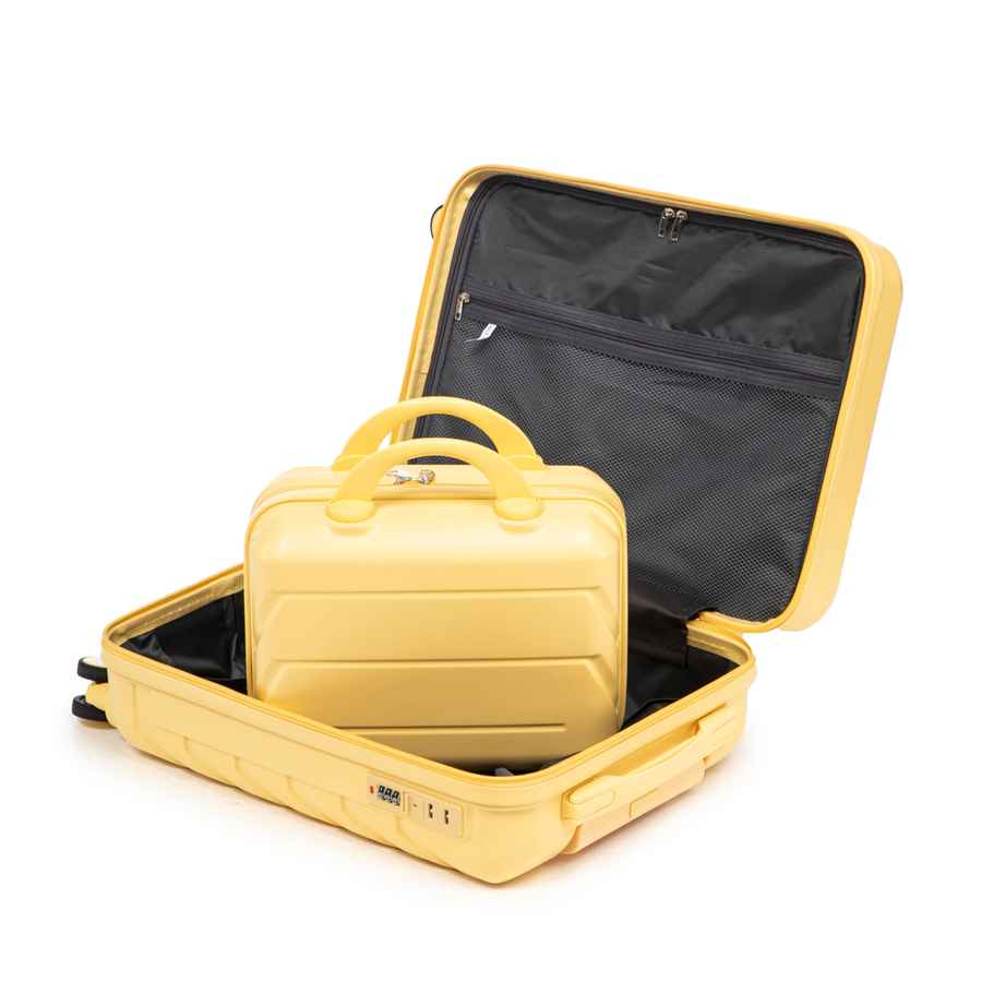 Yellow ABS spinner luggage set with interior compartments and mesh pockets for efficient storage and organization