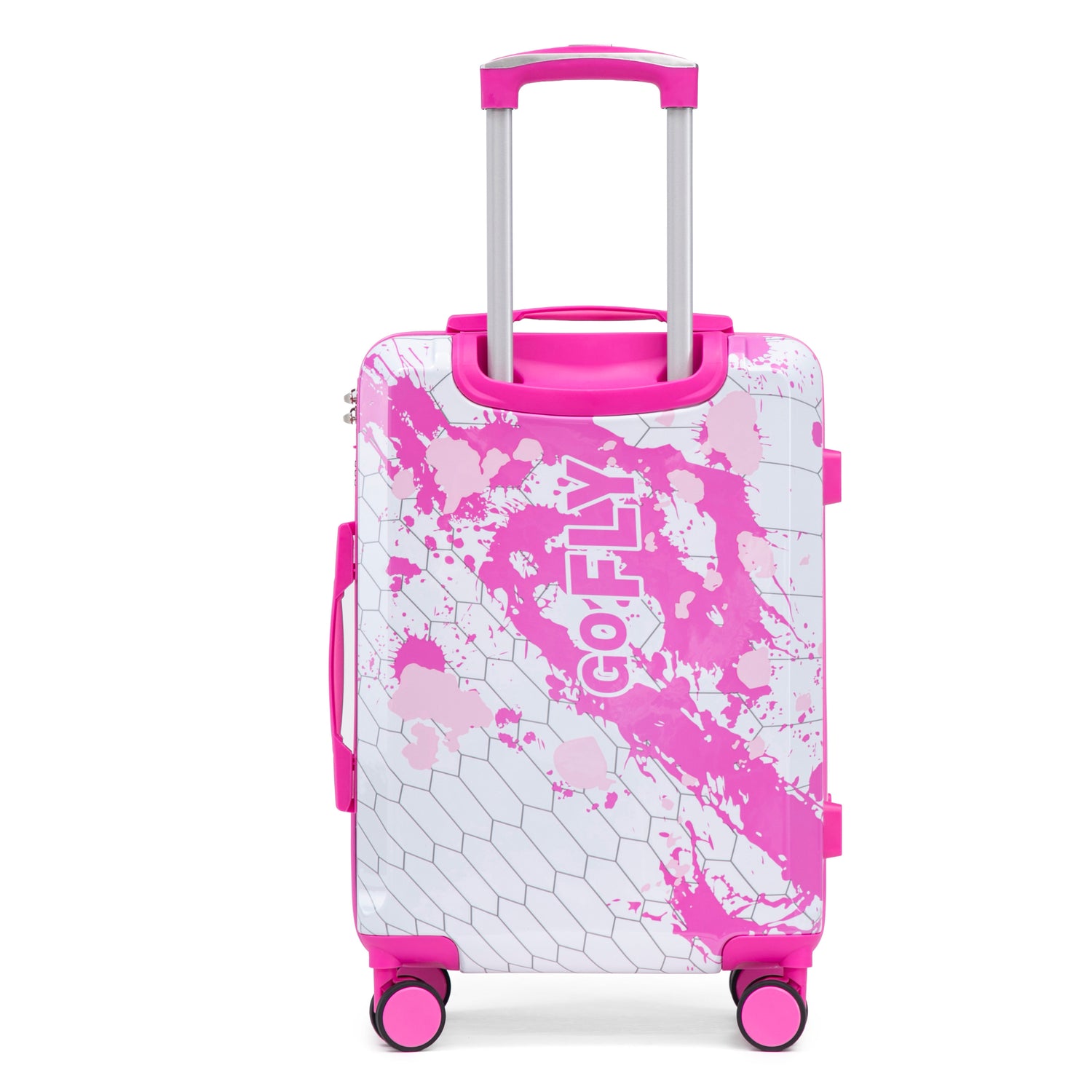 Pink printed spinner luggage with extended handle, four pink and black wheels, hexagon and splatter pattern, front view