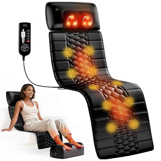 Black full body massage mat with heat and vibration nodes, remote control, designed for back, neck, and full-body relaxation