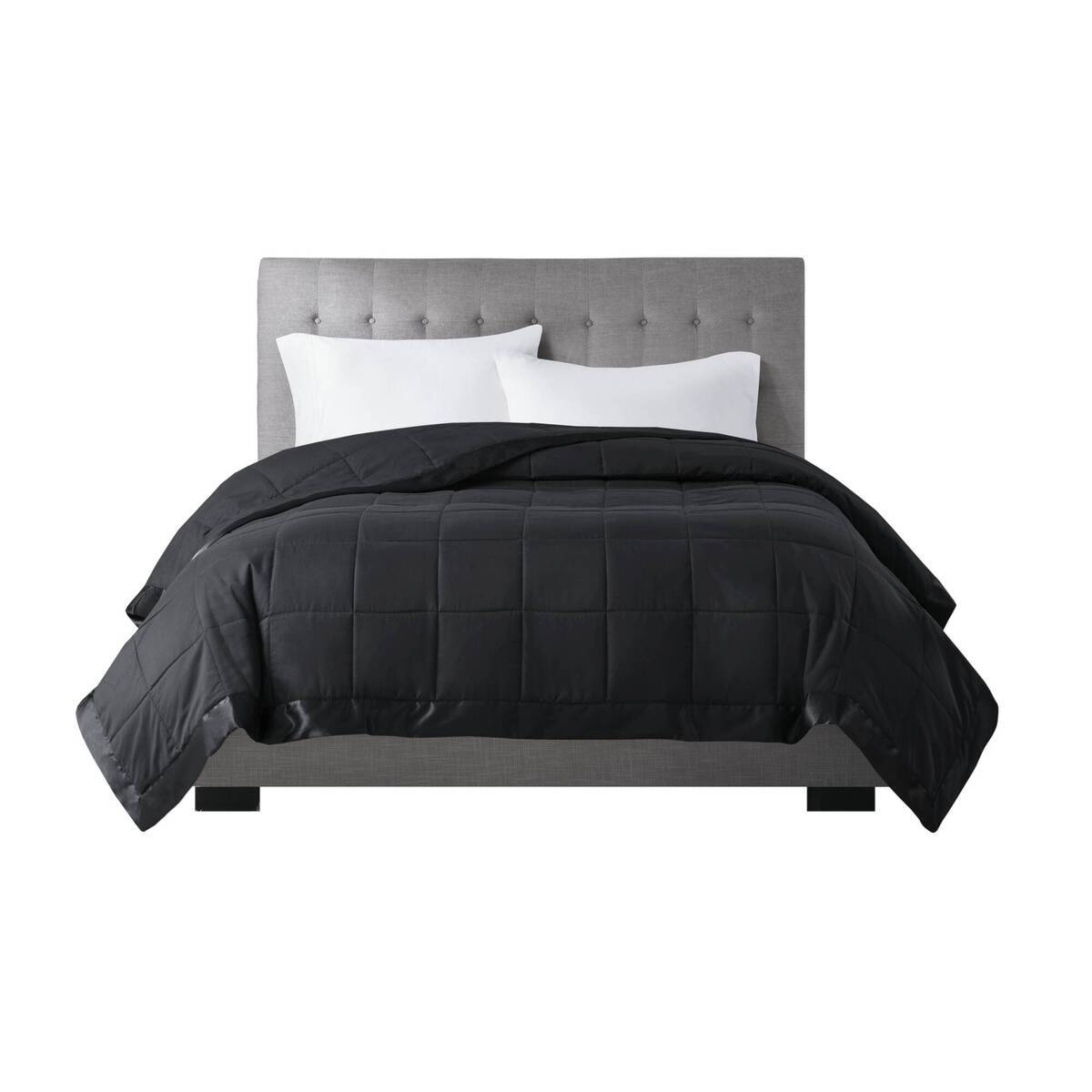 Front-facing view of black Lightweight Down Alternative Blanket on a bed, ideal for twin size bedding in contemporary home decor.