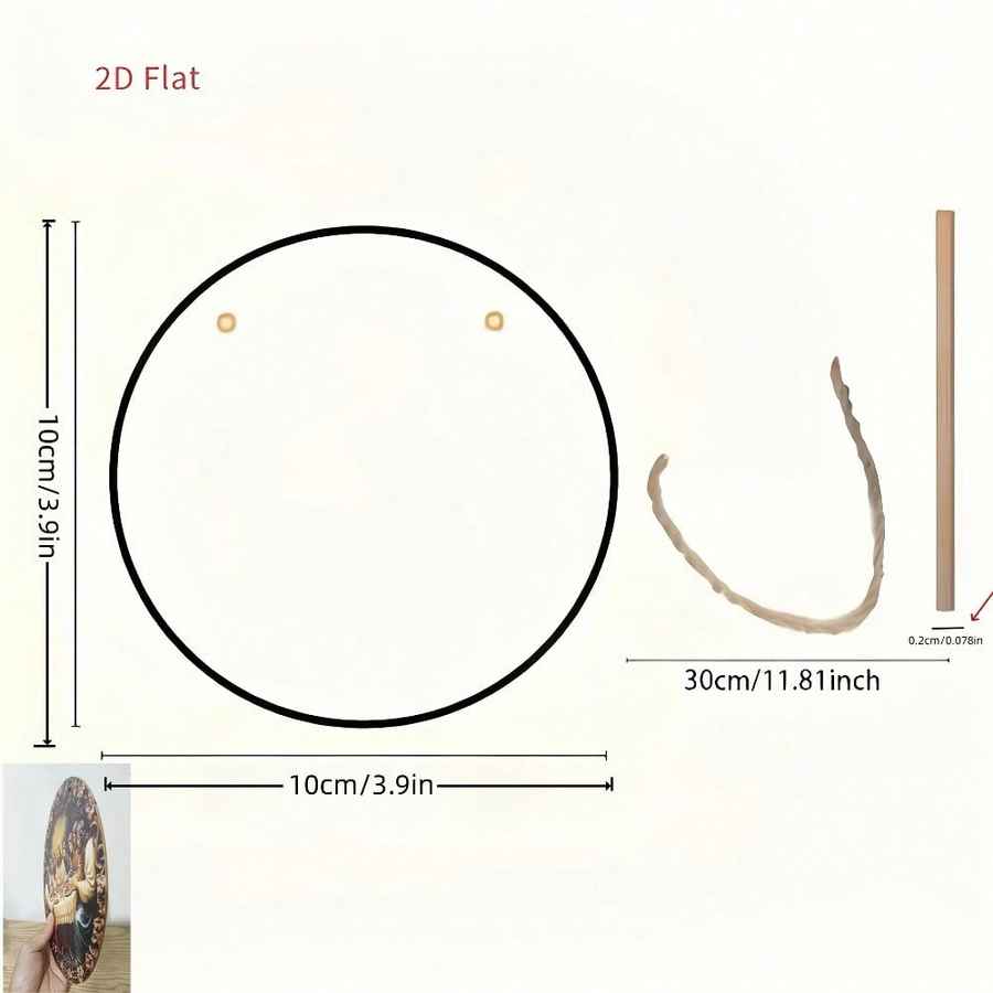 Measurement diagram showing a round decorative piece labeled 10cm/3.9 inches in diameter, with two small gold dots, a curved brown strip 30cm/11.