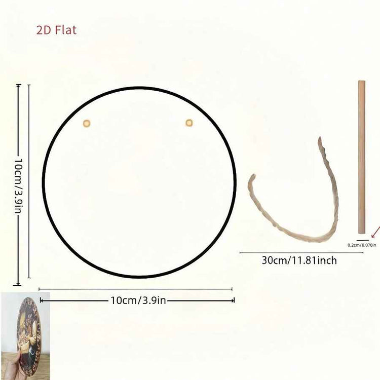 Measurement diagram showing a round decorative piece labeled 10cm/3.9 inches in diameter, with two small gold dots, a curved brown strip 30cm/11.