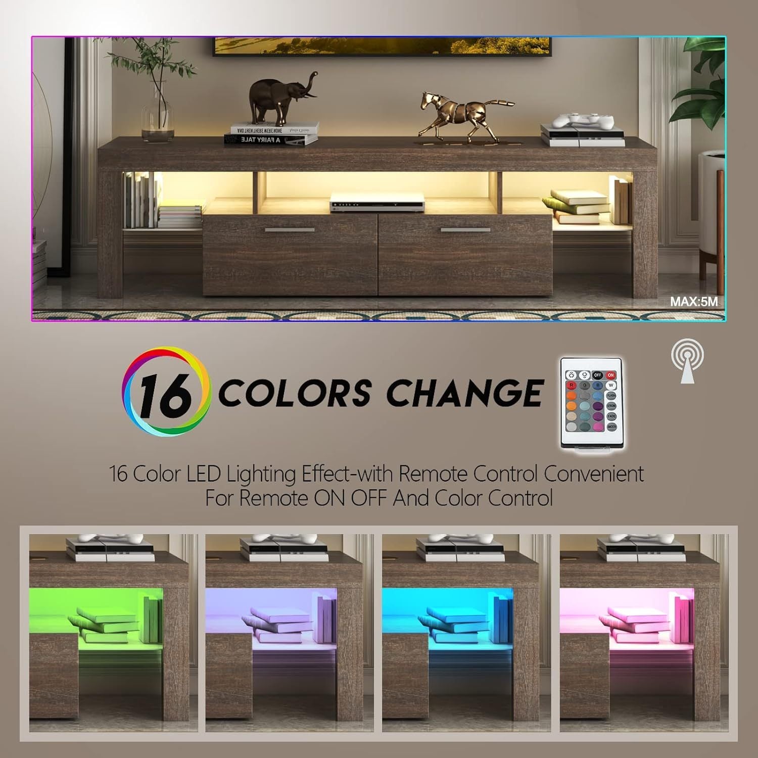 LED TV Stand with Storage - Modern Elegance, featuring 16 color-changing LED lights with remote control for customizable ambiance.