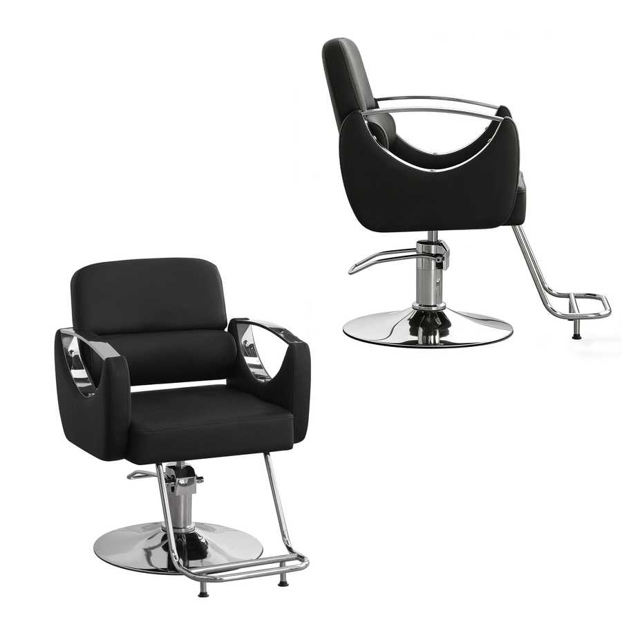 Two black salon chairs with chrome bases on a white background