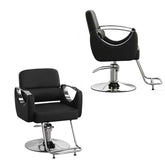 Two black salon chairs with chrome bases on a white background
