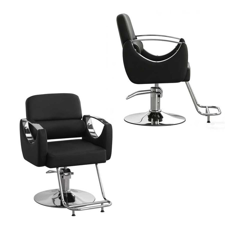 Two black salon chairs with chrome bases on a white background