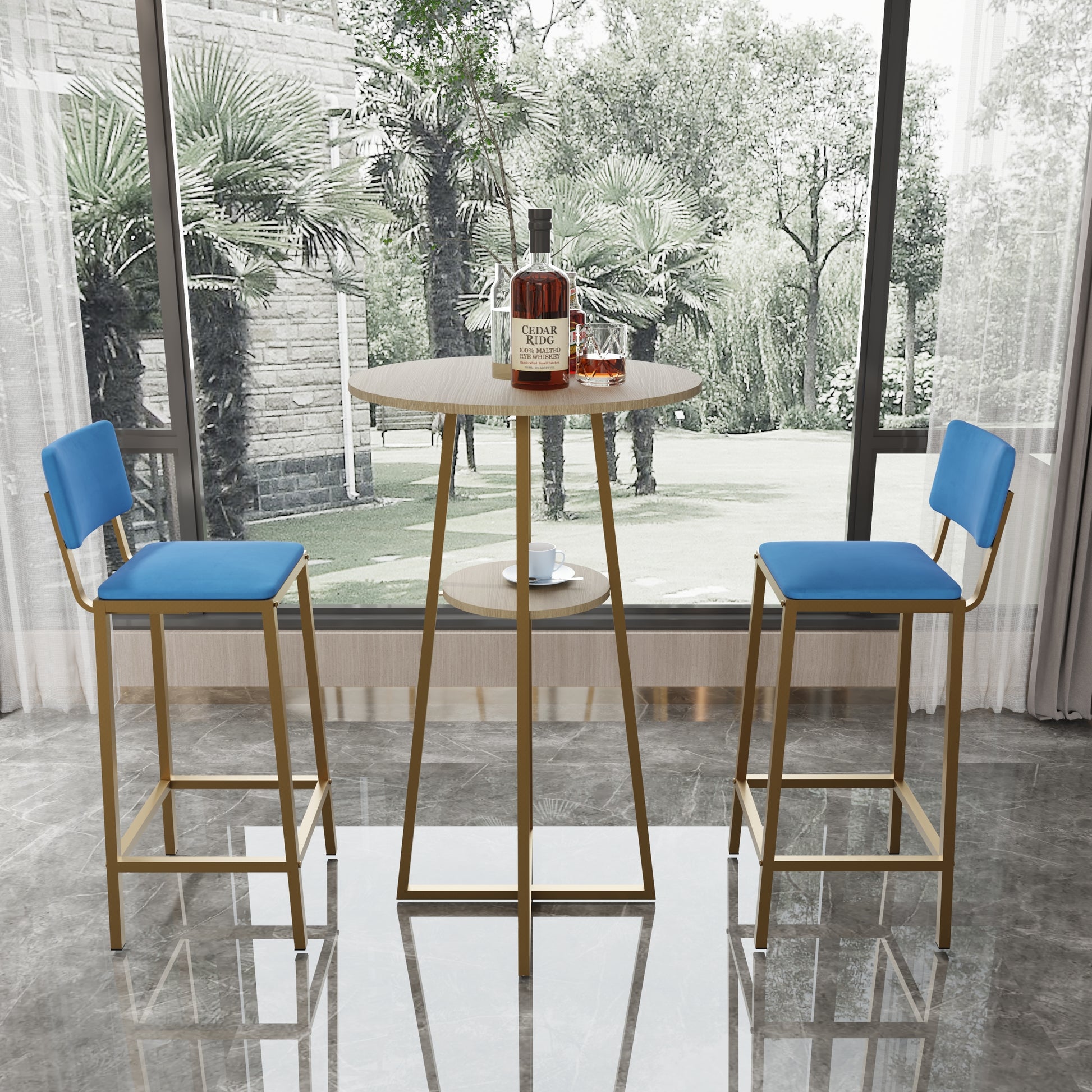Contemporary Bar Table Set with gold legs and blue seat cushions, designed for small dining spaces or chic bar corners.