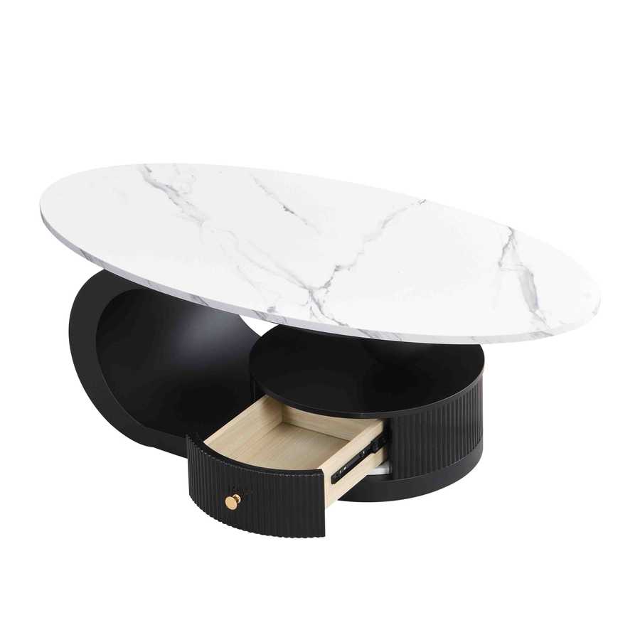 Nesting Coffee Table Set - Oval & Round | MDF+Iron with open drawer showing storage space, combining elegance and functionality.