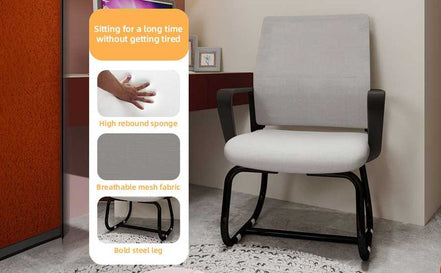 Gray office chair with text overlay in a room setting