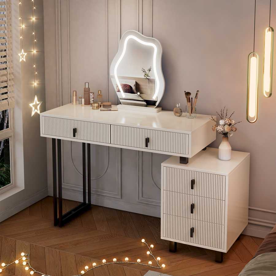 Modern makeup vanity with LED mirror and decorative lighting