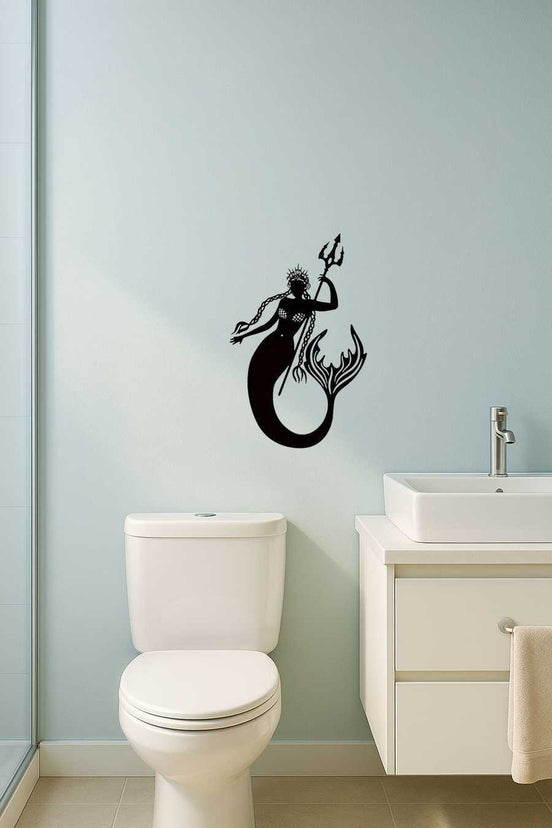 Handcrafted Mermaid and Sea King Iron Relief Art displayed above toilet in a light blue bathroom, perfect for nautical decor.