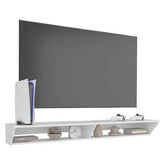 Modern 65 inch TV stand with spacious storage, cable management, and sleek white finish, placed in a contemporary living room.