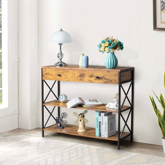 3 Tier Console Table for Entryway with Drawer and 2 Open Storage, Industrial Sofa Table with Storage for Living Room. MLNshops