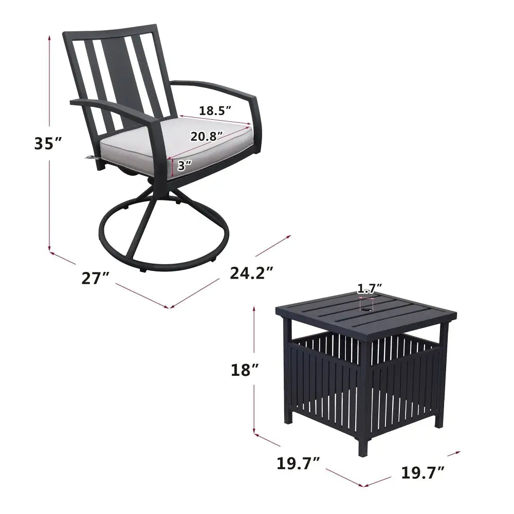 3 Pcs Outdoor Patio Swivel Dining Chair Set with Cushion and Side Table, Gray MLNshops]