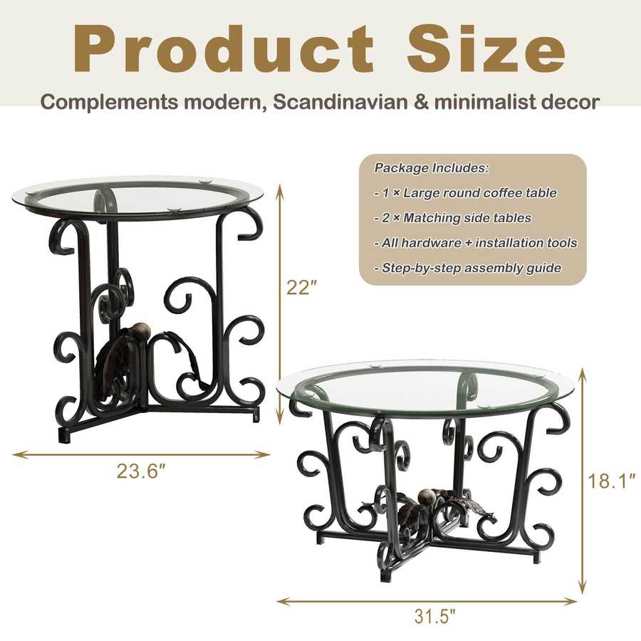 MLNshops 3 Piece Living Room Coffee Table Set with Glass Top