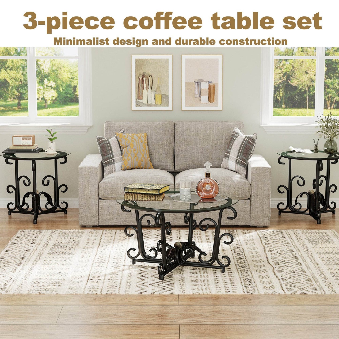 MLNshops 3 Piece Living Room Coffee Table Set with Glass Top