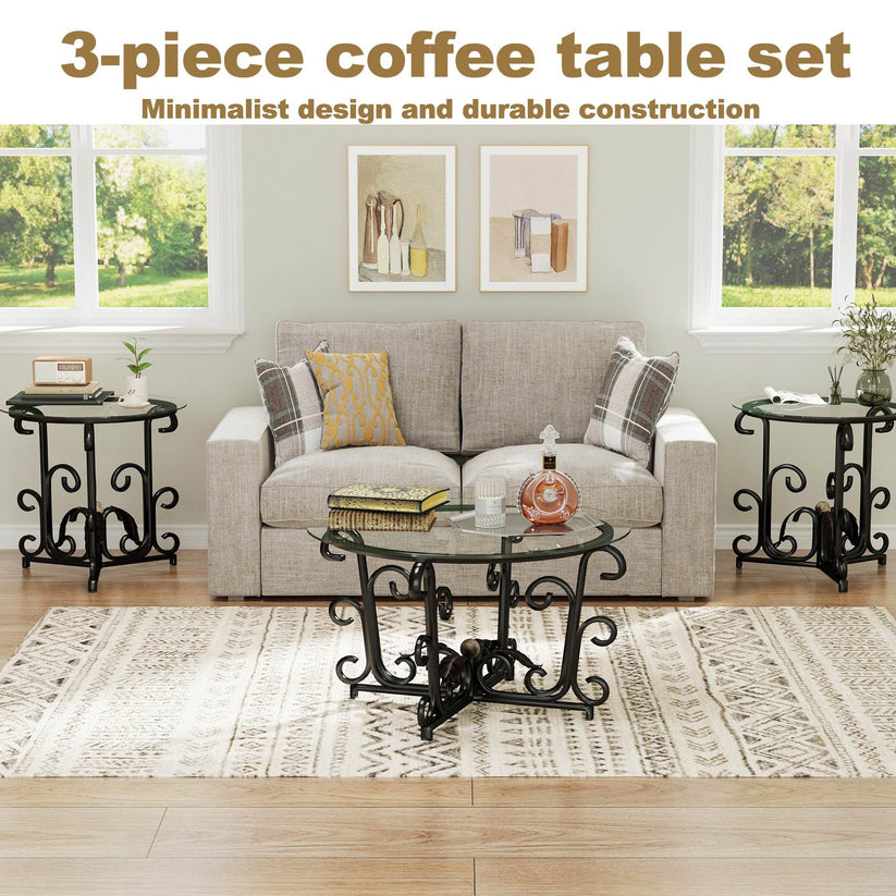 Durable 3 Piece Living Room Table Set with Glass Top