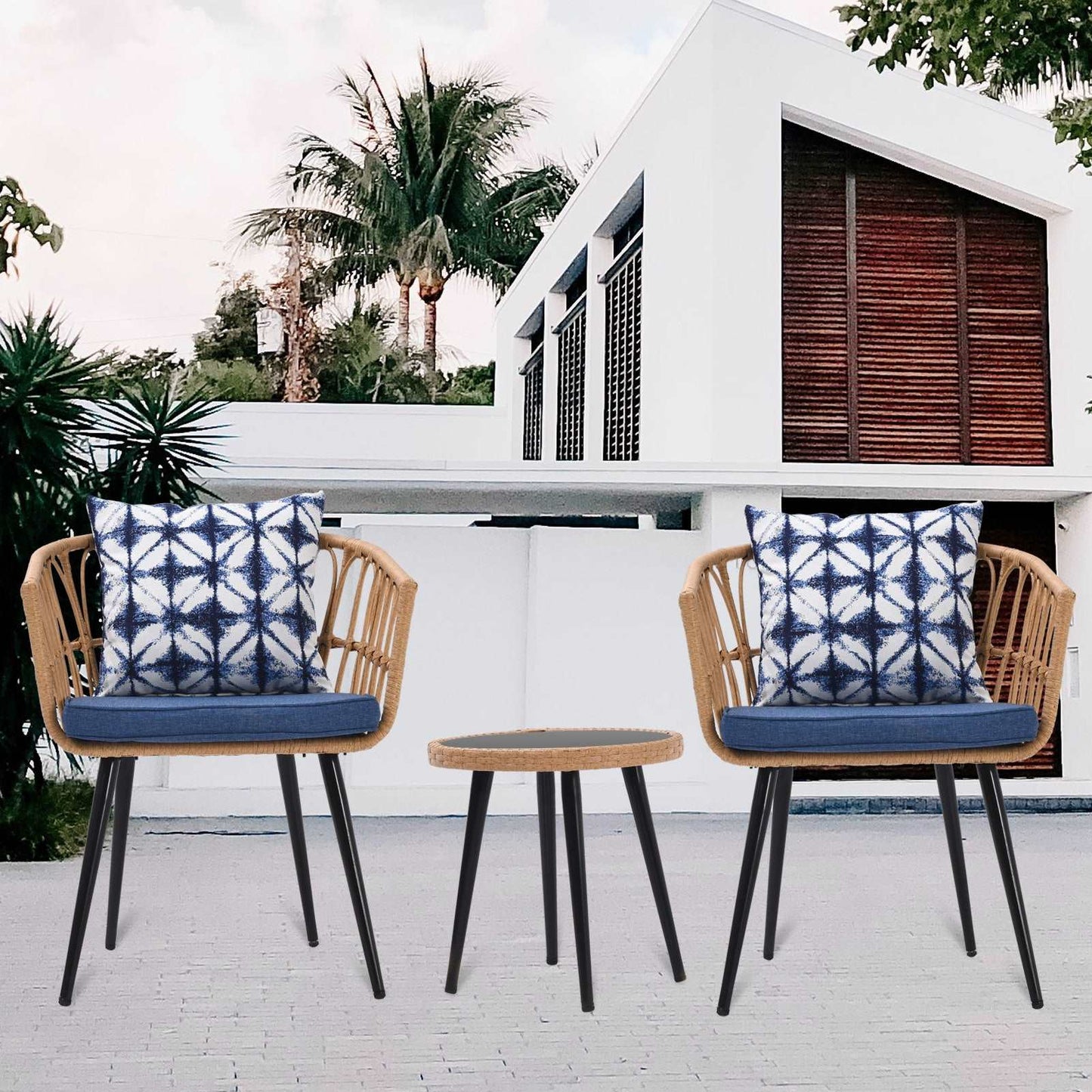 3 Piece Patio Bistro Set with Side Table, Outdoor PE Rattan Conversation Chair Set, Furniture of Coffee Table with Glass Top, Cushions (Blue) MLNshops]