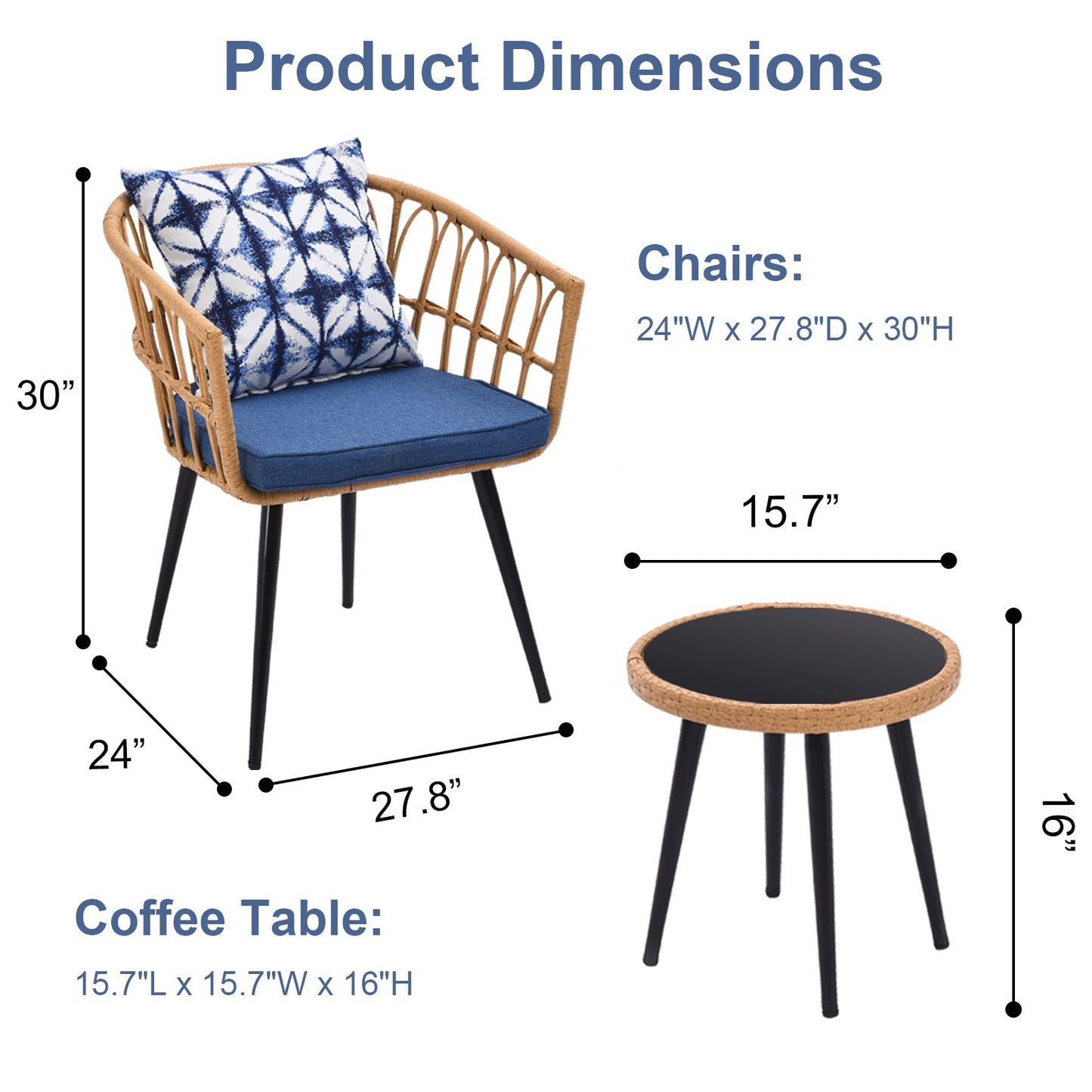 3 Piece Patio Bistro Set with Side Table, Outdoor PE Rattan Conversation Chair Set, Furniture of Coffee Table with Glass Top, Cushions (Blue) MLNshops]