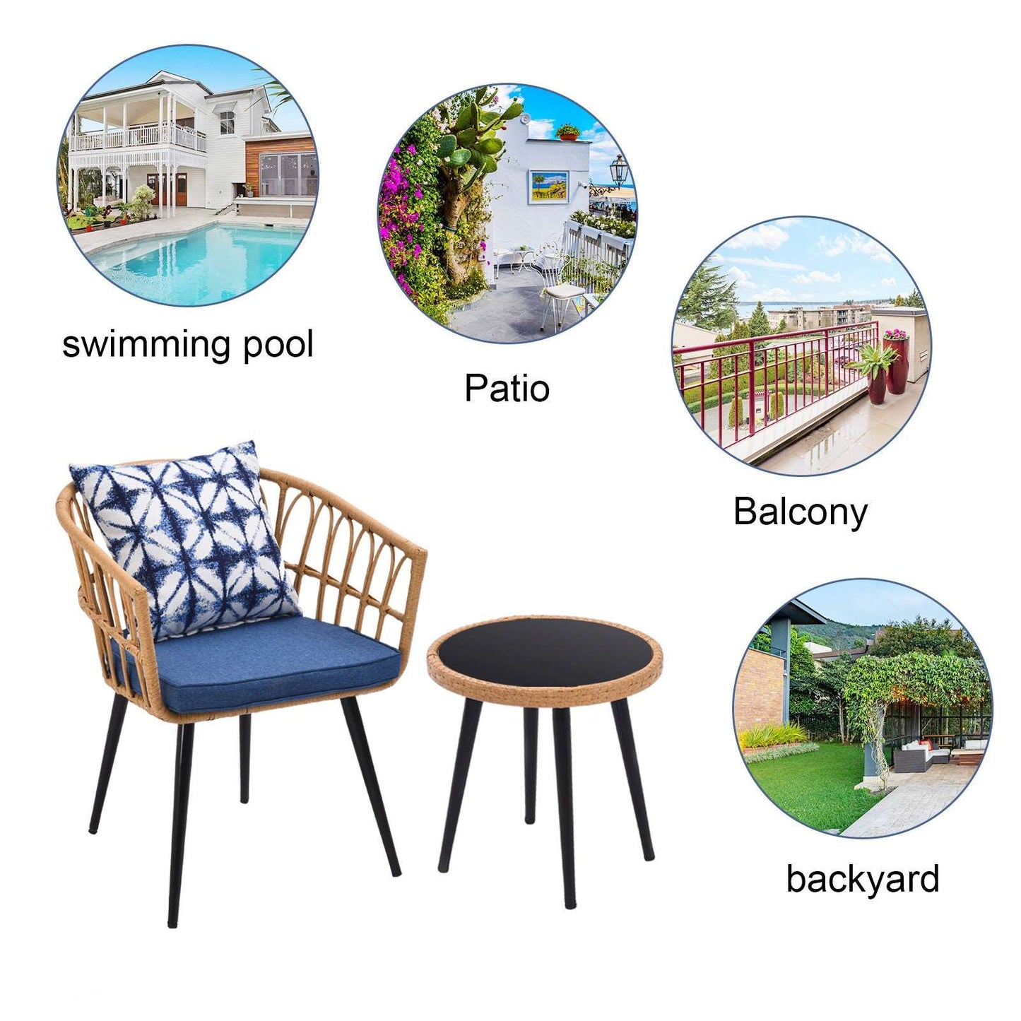 3 Piece Patio Bistro Set with Side Table, Outdoor PE Rattan Conversation Chair Set, Furniture of Coffee Table with Glass Top, Cushions (Blue) MLNshops]