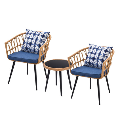 3 Piece Patio Bistro Set with Side Table, Outdoor PE Rattan Conversation Chair Set, Furniture of Coffee Table with Glass Top, Cushions (Blue) MLNshops]