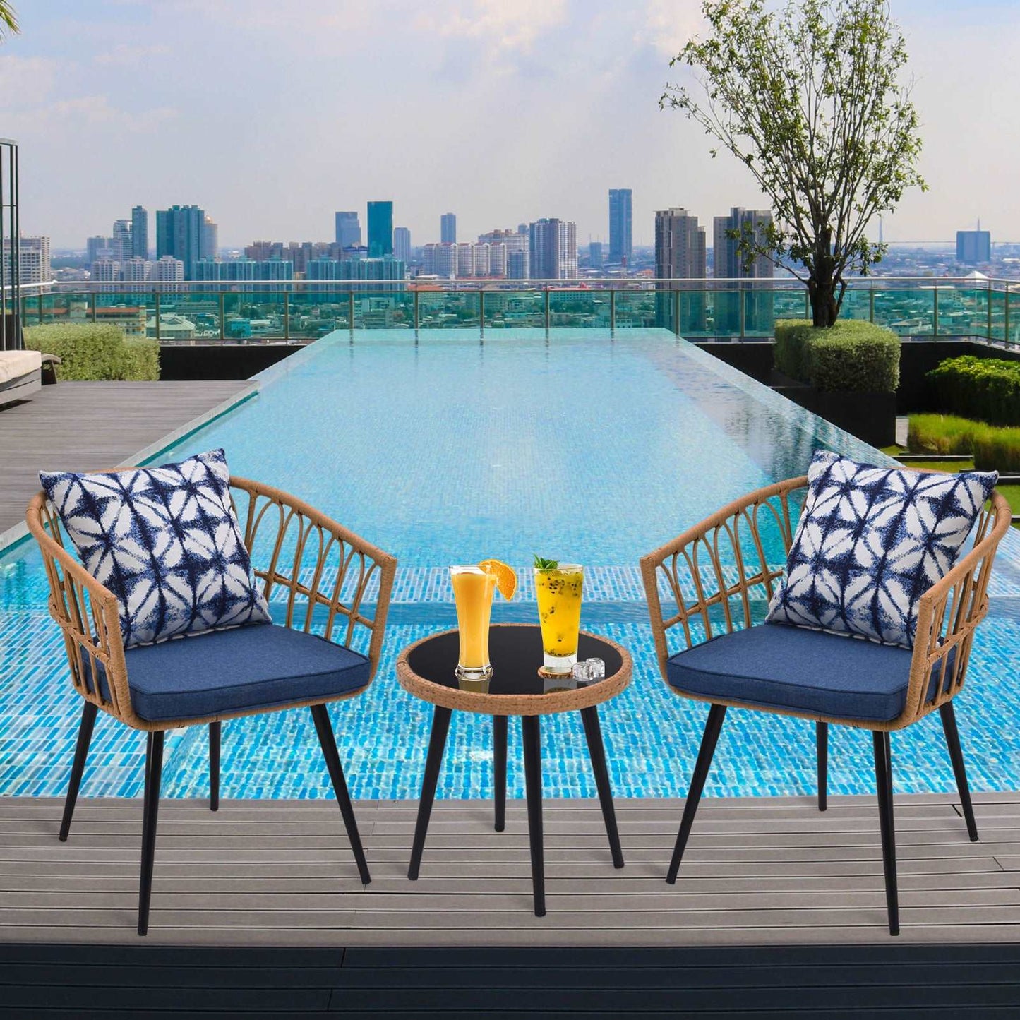 3 Piece Patio Bistro Set with Side Table, Outdoor PE Rattan Conversation Chair Set, Furniture of Coffee Table with Glass Top, Cushions (Blue) MLNshops]