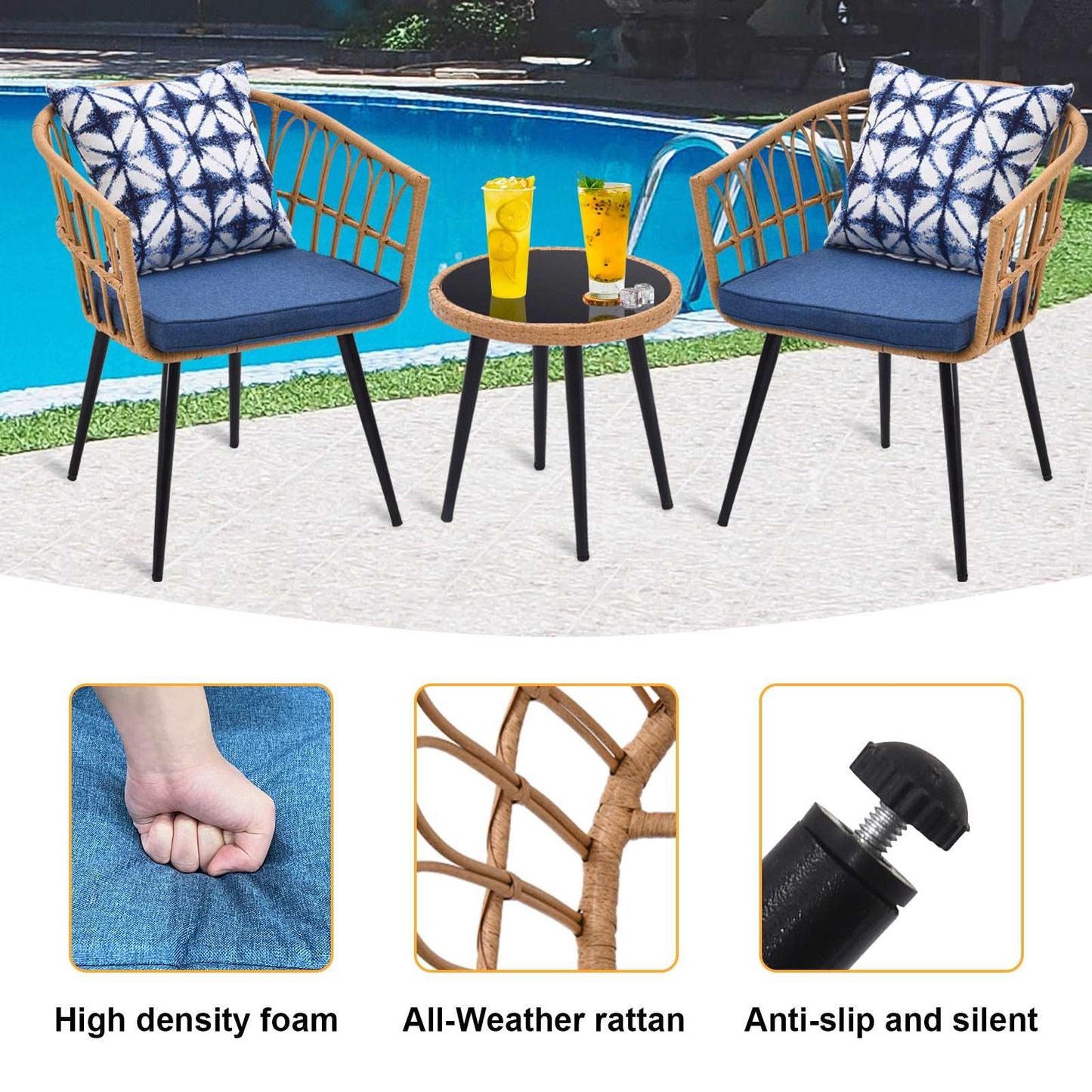 3 Piece Patio Bistro Set with Side Table, Outdoor PE Rattan Conversation Chair Set, Furniture of Coffee Table with Glass Top, Cushions (Blue) MLNshops]