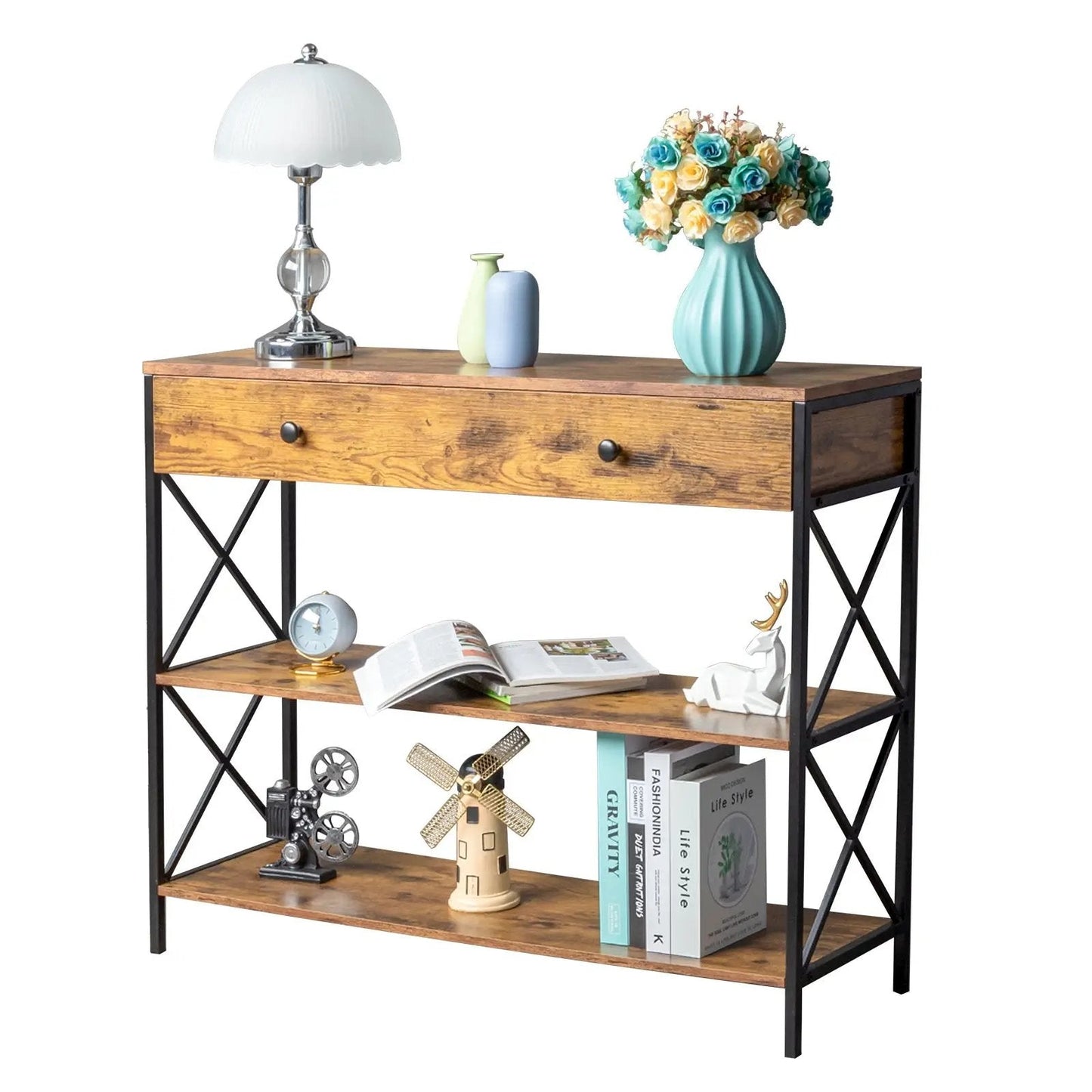 3 Tier Console Table for Entryway with Drawer and 2 Open Storage, Industrial Sofa Table with Storage for Living Room. MLNshops]