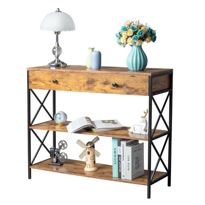 3 Tier Console Table for Entryway with Drawer and 2 Open Storage, Industrial Sofa Table with Storage for Living Room. MLNshops]