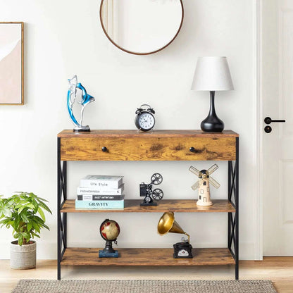 3 Tier Console Table for Entryway with Drawer and 2 Open Storage, Industrial Sofa Table with Storage for Living Room. MLNshops]