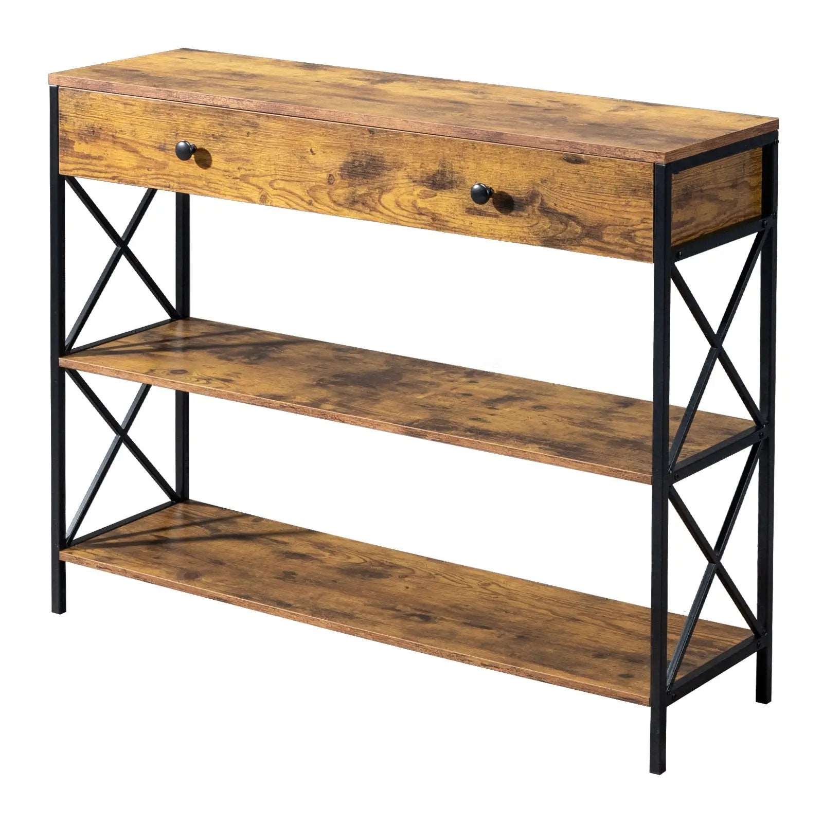 3 Tier Console Table for Entryway with Drawer and 2 Open Storage, Industrial Sofa Table with Storage for Living Room. MLNshops]