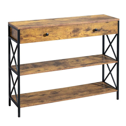 3 Tier Console Table for Entryway with Drawer and 2 Open Storage, Industrial Sofa Table with Storage for Living Room. MLNshops]