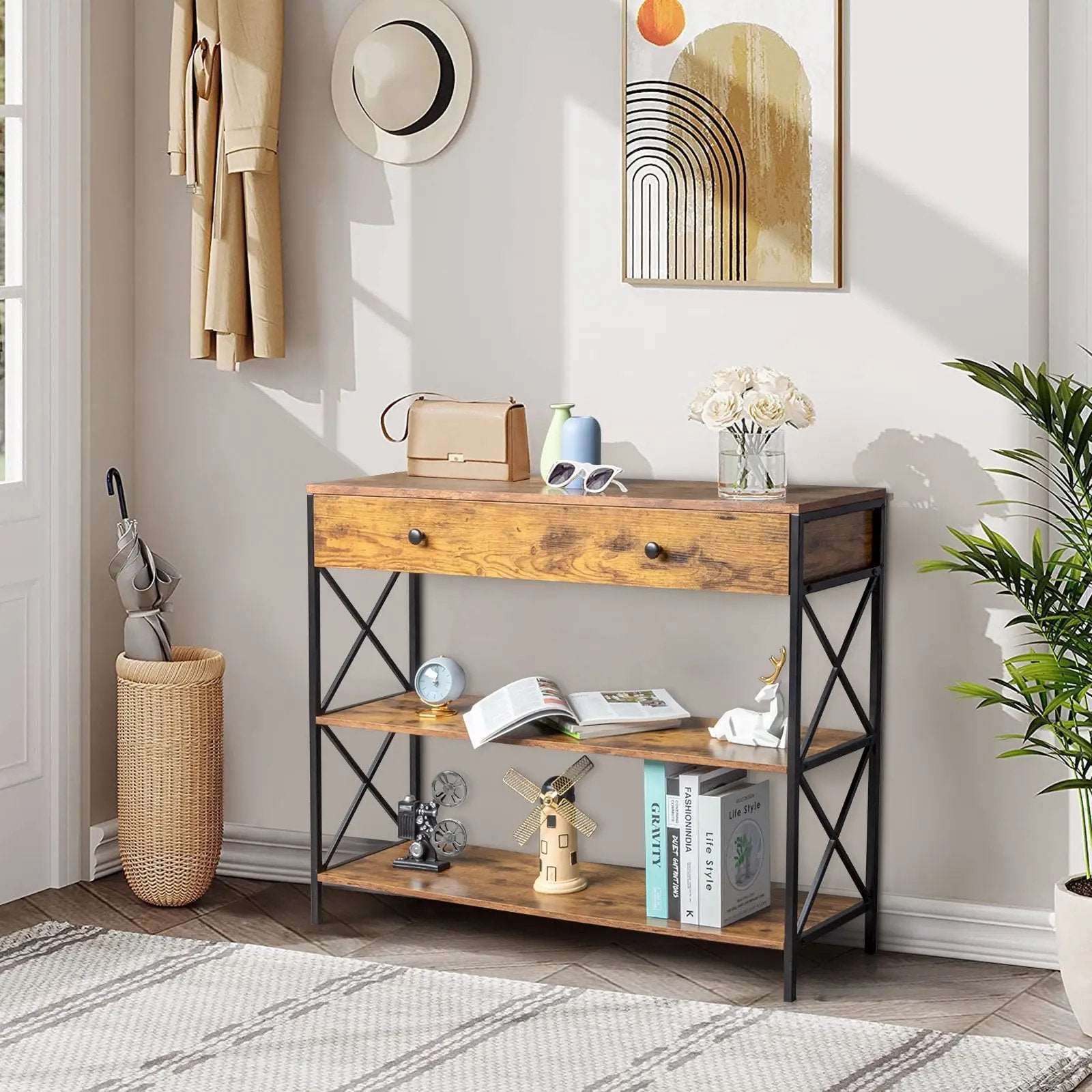 3 Tier Console Table for Entryway with Drawer and 2 Open Storage, Industrial Sofa Table with Storage for Living Room. MLNshops]