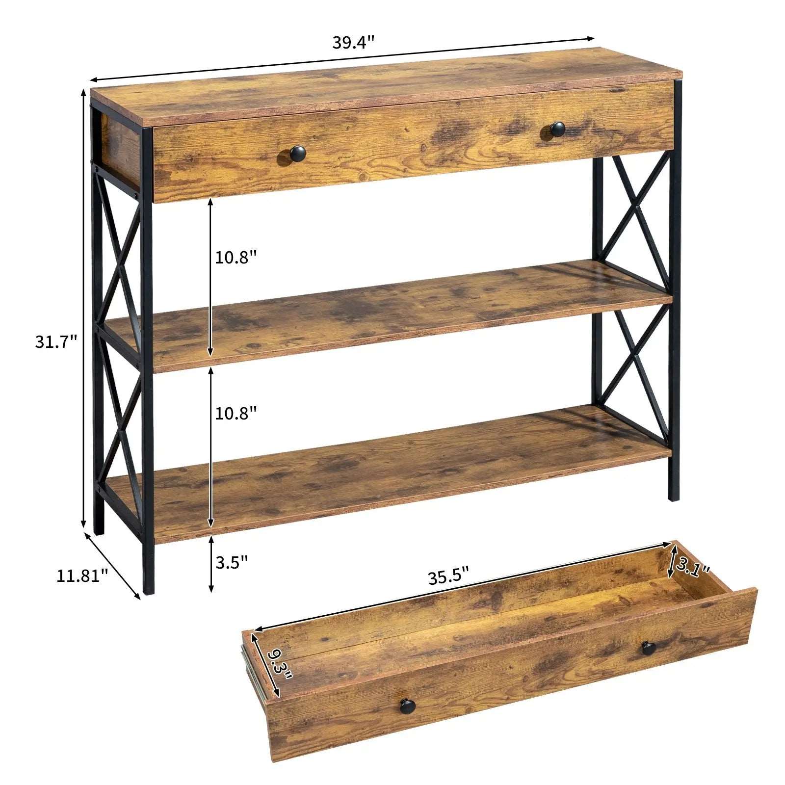 3 Tier Console Table for Entryway with Drawer and 2 Open Storage, Industrial Sofa Table with Storage for Living Room. MLNshops]