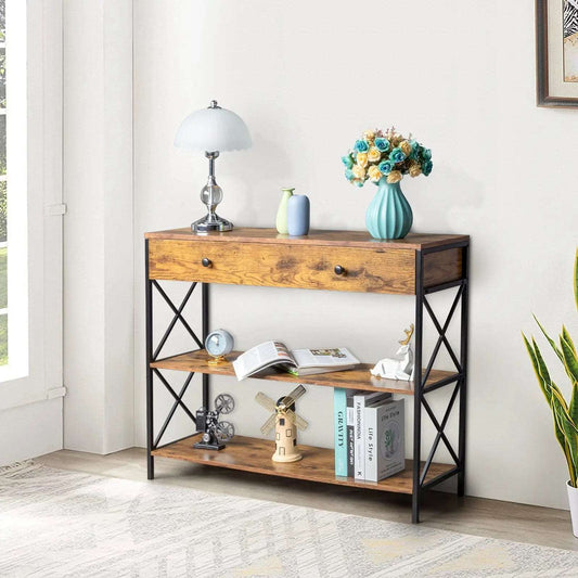 3 Tier Console Table for Entryway with Drawer and 2 Open Storage, Industrial Sofa Table with Storage for Living Room. MLNshops]