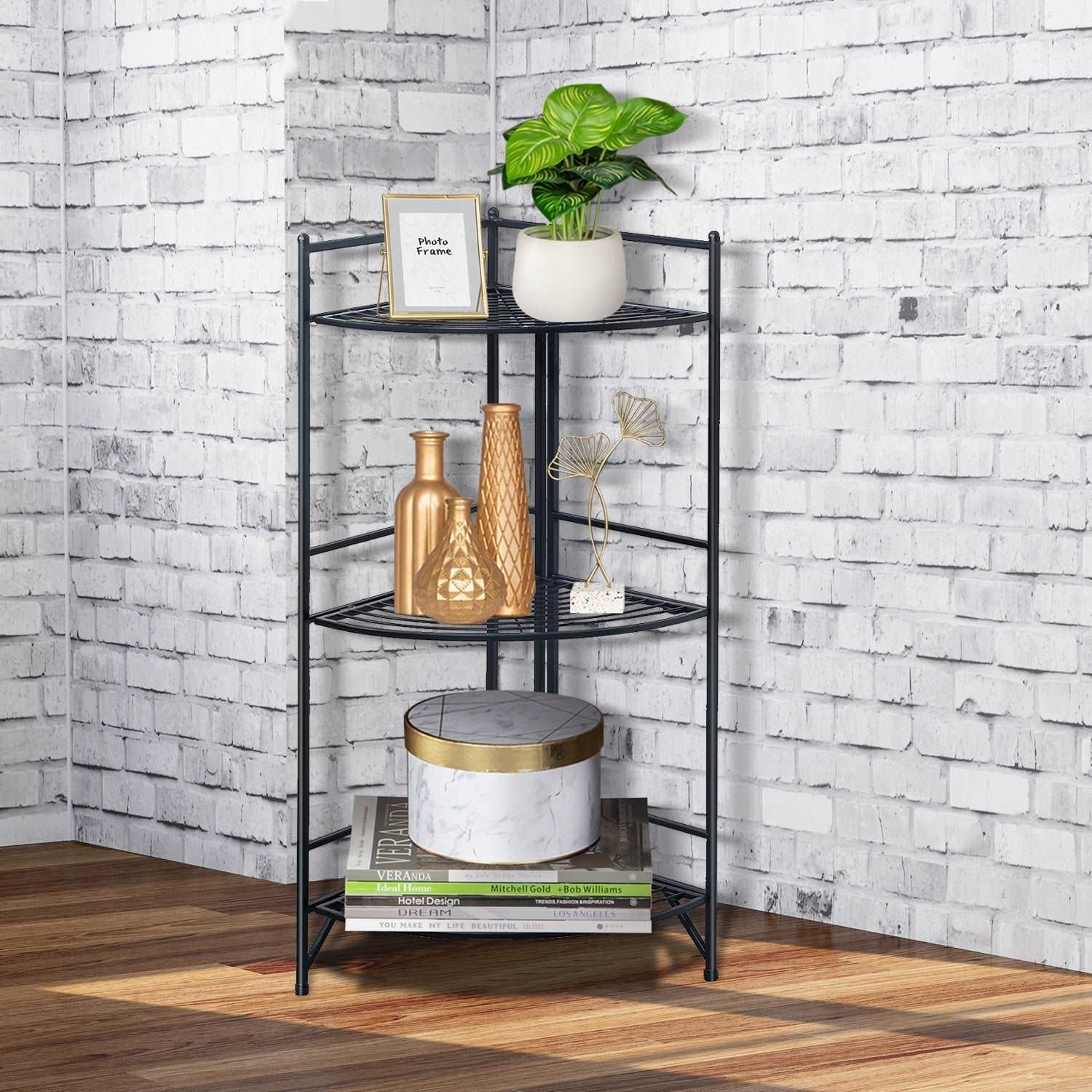 3 Tier Corner Folding Metal Corner Shelf Black MLNshops]