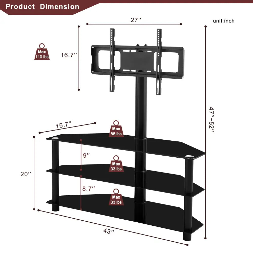 3-Tier Multi-functional TV Stand Height Adjustable Swivel Bracket - Black MLNshops]