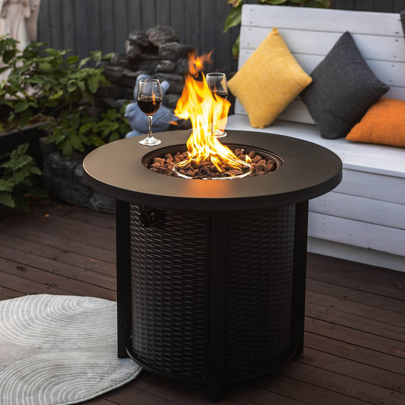 30 inch propane fire pit table with round fire bowl and wind guard