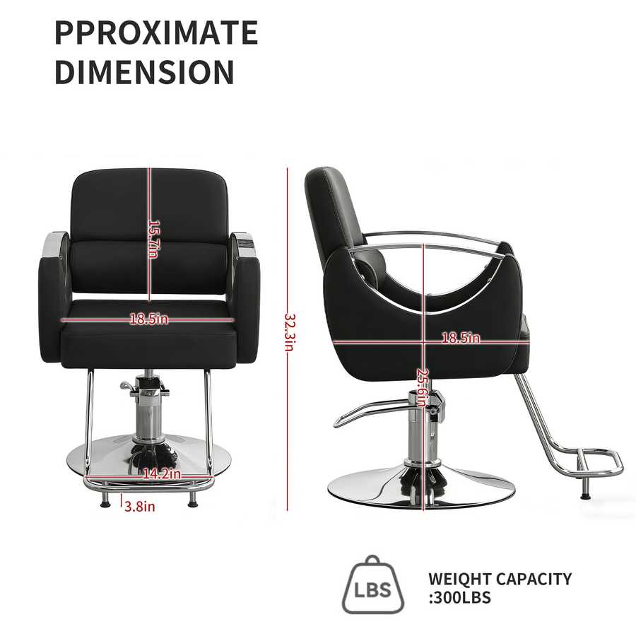 Black salon chair with dimensions and weight capacity displayed on a white background