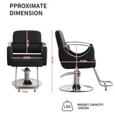 Black salon chair with dimensions and weight capacity displayed on a white background