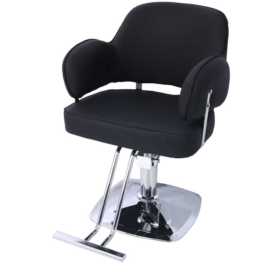 Black Hair Salon Chair with wide cushioned seat and chrome base, angled view highlighting ergonomic armrests and footrest.