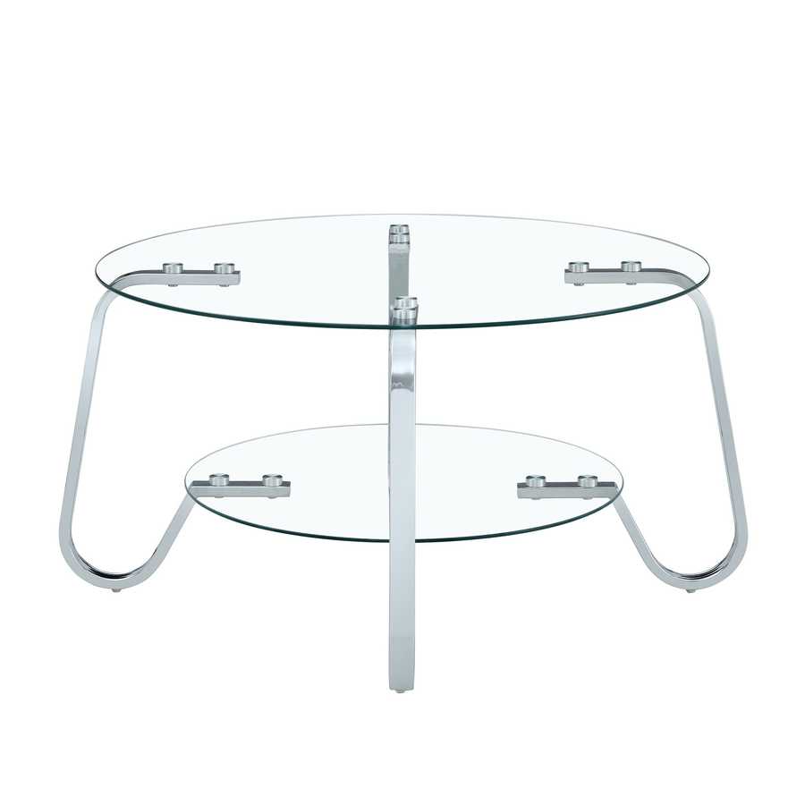 Front view of Vintage Metal Frame Glass Coffee Table 31.5'' showcasing its symmetrical design and dual glass surfaces.
