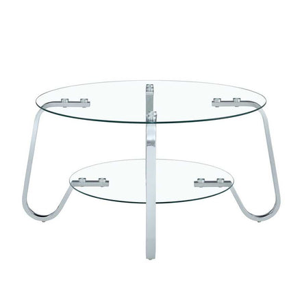 Front view of Vintage Metal Frame Glass Coffee Table 31.5'' showcasing its symmetrical design and dual glass surfaces.