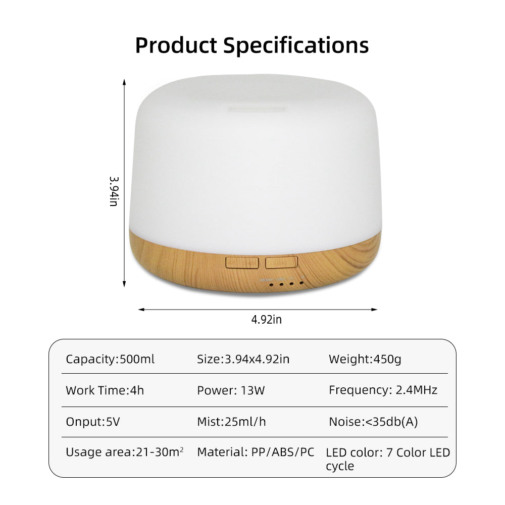 Product specifications diagram for a white and wood diffuser, showing dimensions, capacity, size, weight, power, mist output, noise level, and usage area in a table below the product photo.