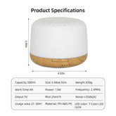 Product specifications diagram for a white and wood diffuser, showing dimensions, capacity, size, weight, power, mist output, noise level, and usage area in a table below the product photo.