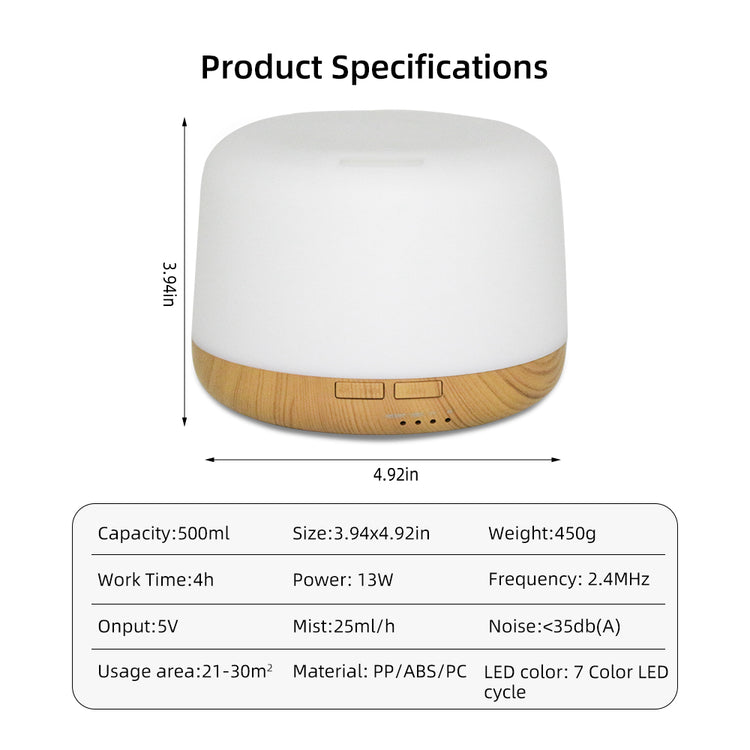 Product specifications diagram for a white and wood diffuser, showing dimensions, capacity, size, weight, power, mist output, noise level, and usage area in a table below the product photo.